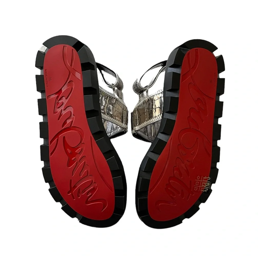 NEW Christian Louboutin Lock Cool Embossed Dad Sandals 36 Silver - Picture 9 of 12